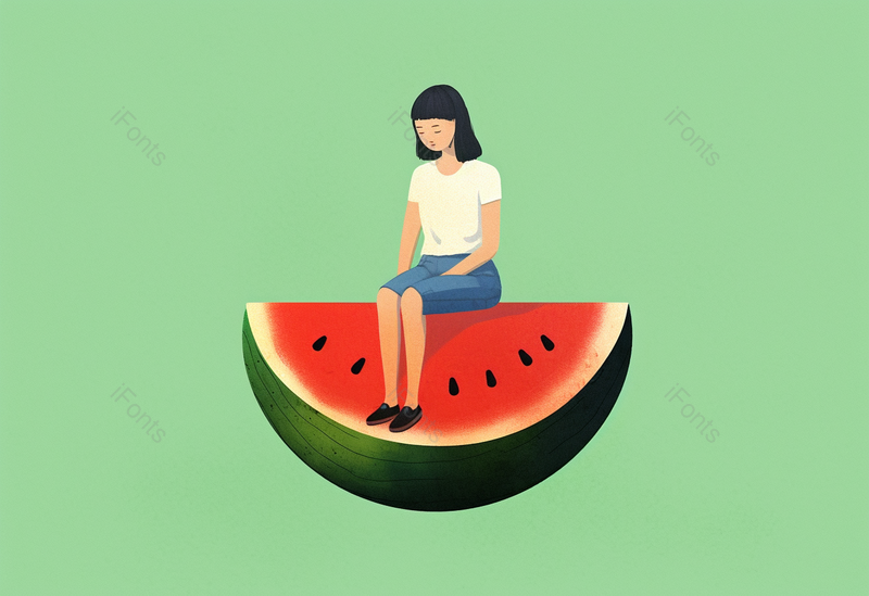 绿色背景夏天夏日女孩坐在巨型西瓜上沉思儿童节唯美插画,插画/手绘图,插画/手绘图库,插画/手绘图下载,插画/手绘